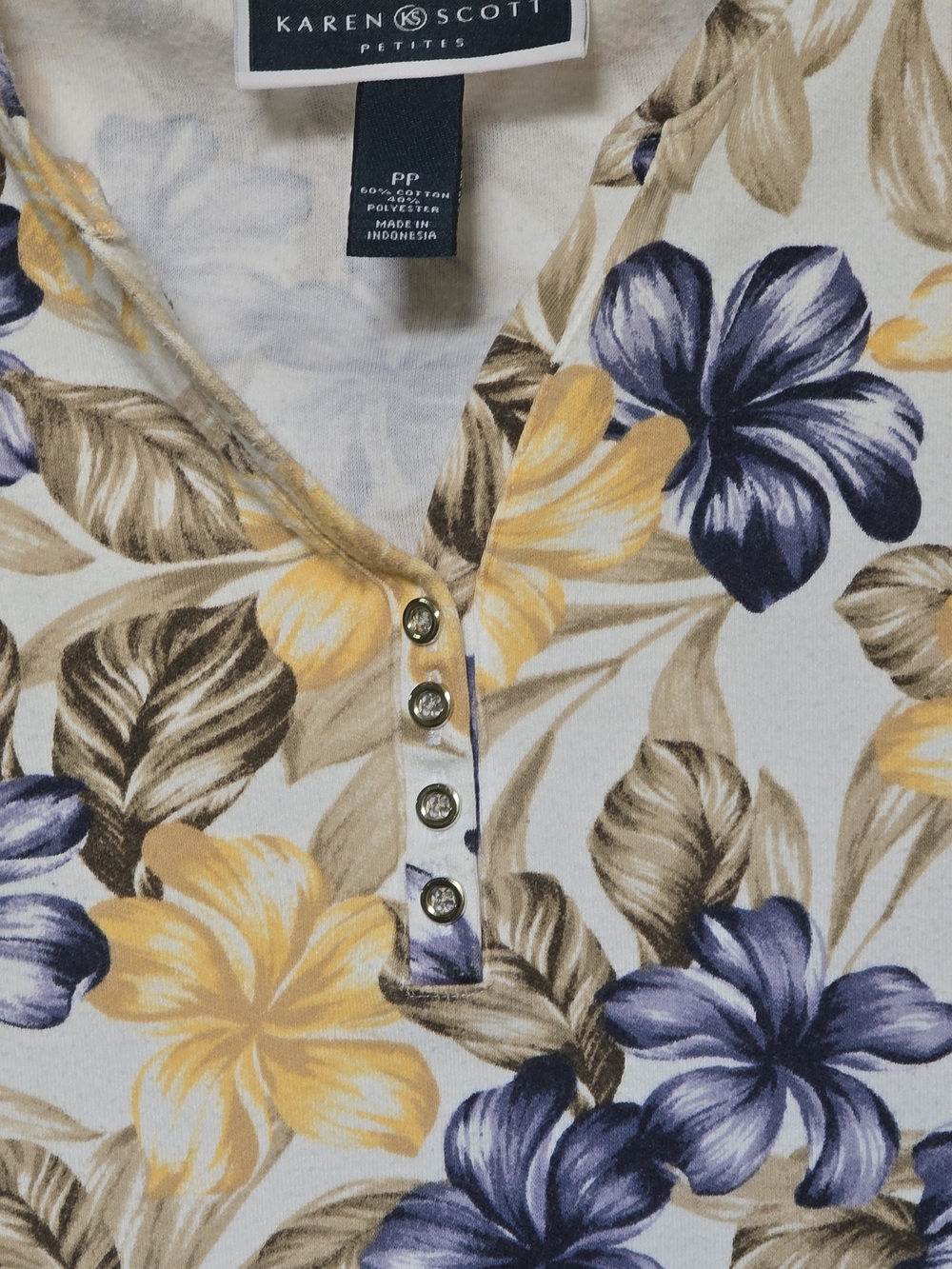 Karen Scott Short-Sleeve Floral Henley Top - Yellow, Blue & Brown - Picture 2 of 6